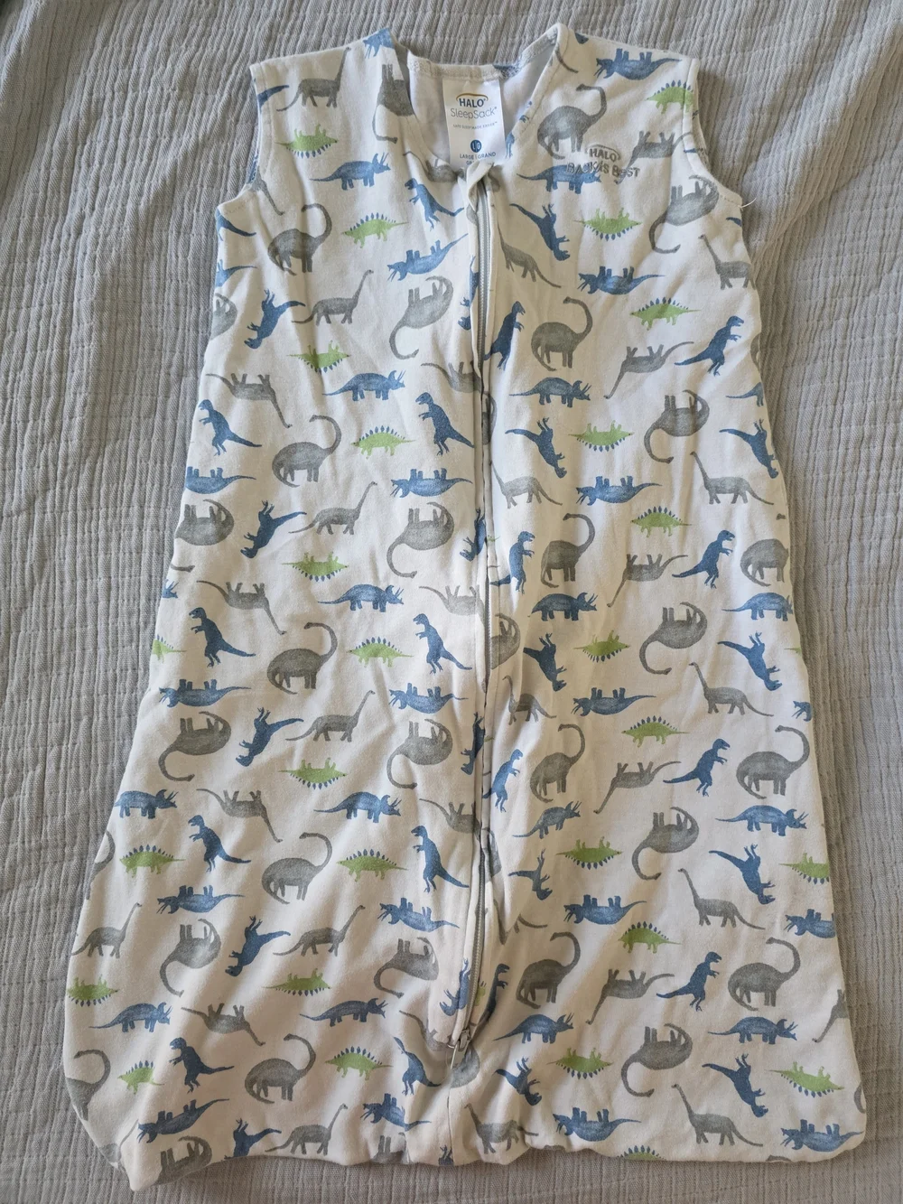 Halo Sleeveless Sleep Sack in White with Blue, Gray & Green Dinosaur Print